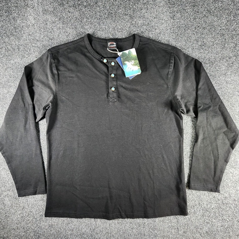 NWT Karaku Mens Long Sleeve Henley Shirt Black Blue Buttons Size M - Picture 2 of 8